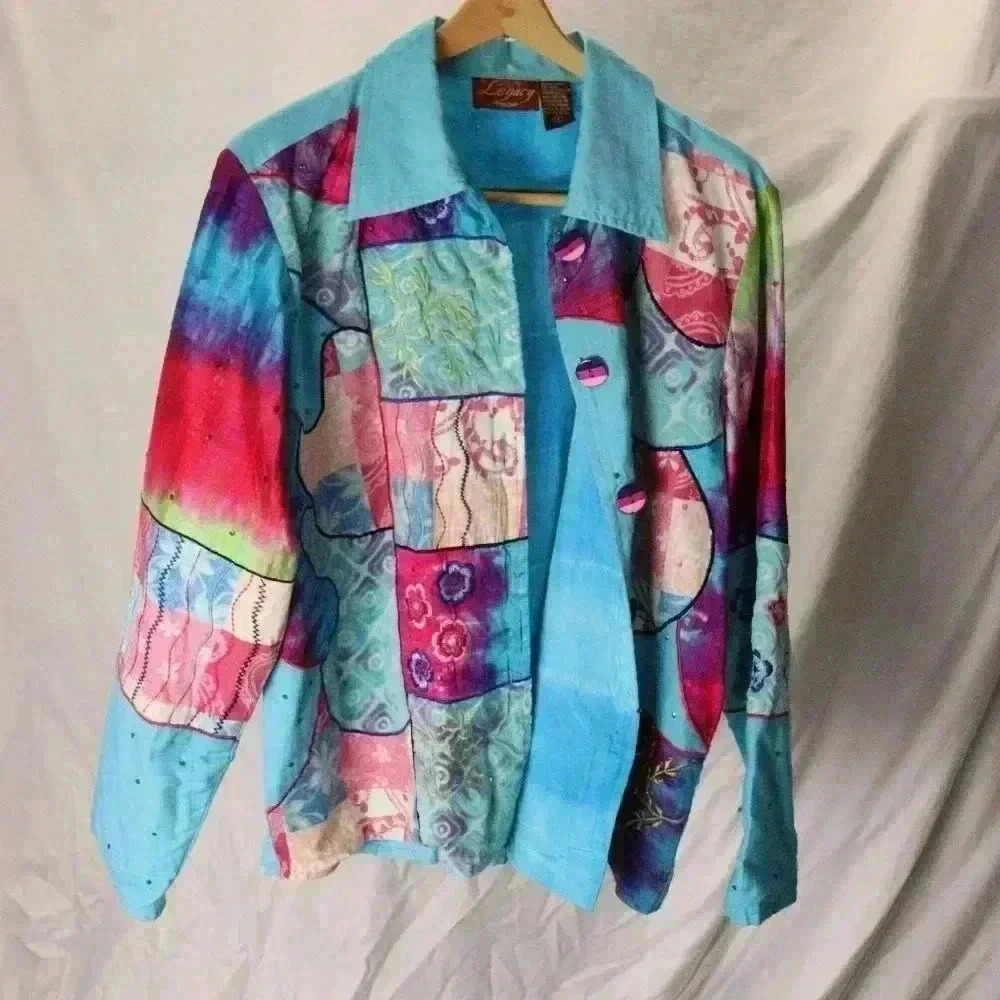 Unique Legacy 55% silk quilted colorful quilted‎ patterned shirt/jacket women S